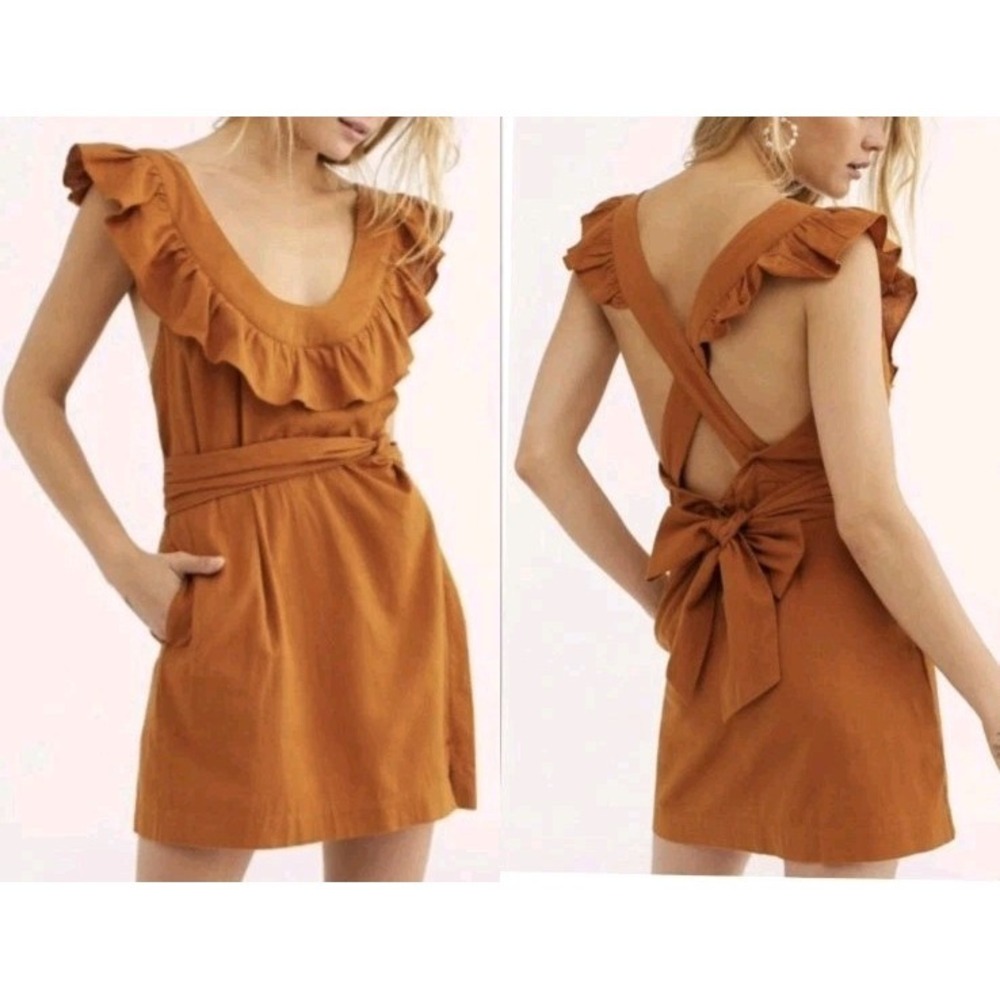 New Free People Llara Mini Dress M Wrap Ruffle Sleeve Boho Cottage Orange Summer